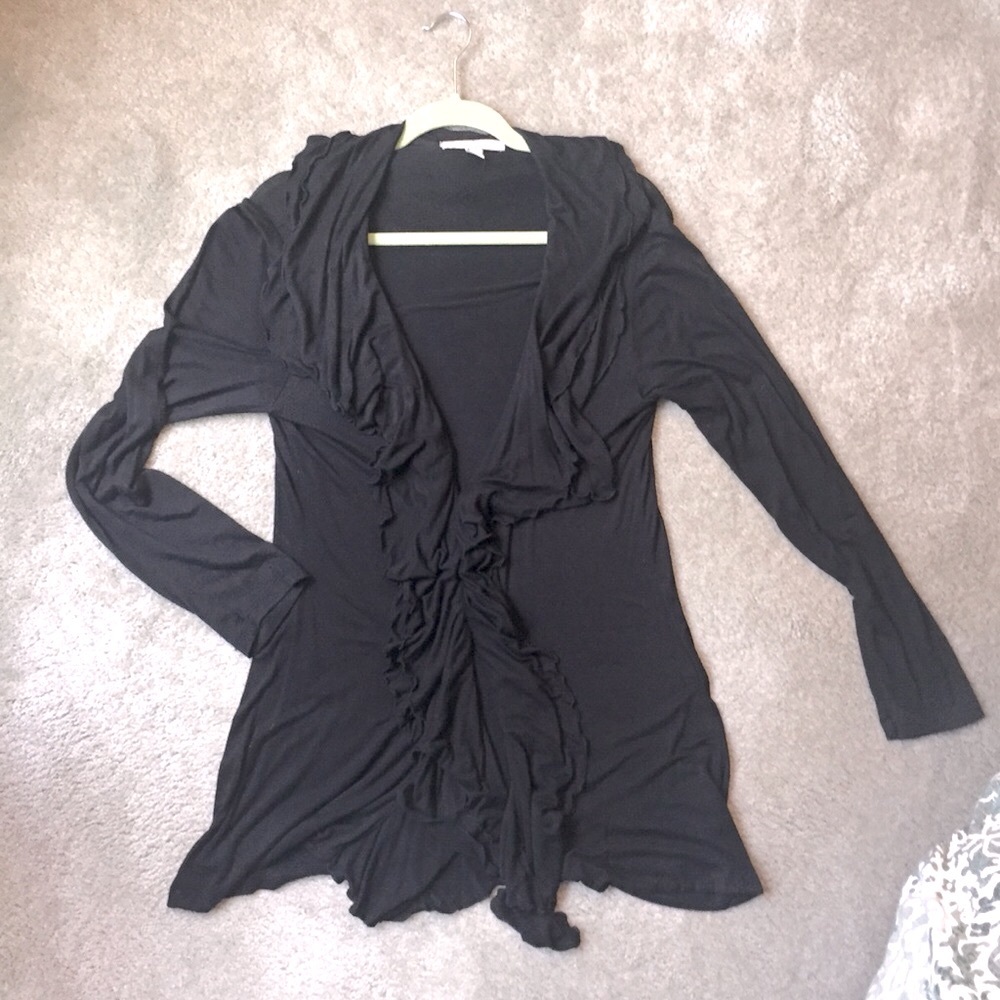 Black Open Front Knit Cardigan Sz M Double Ruffle by Fever